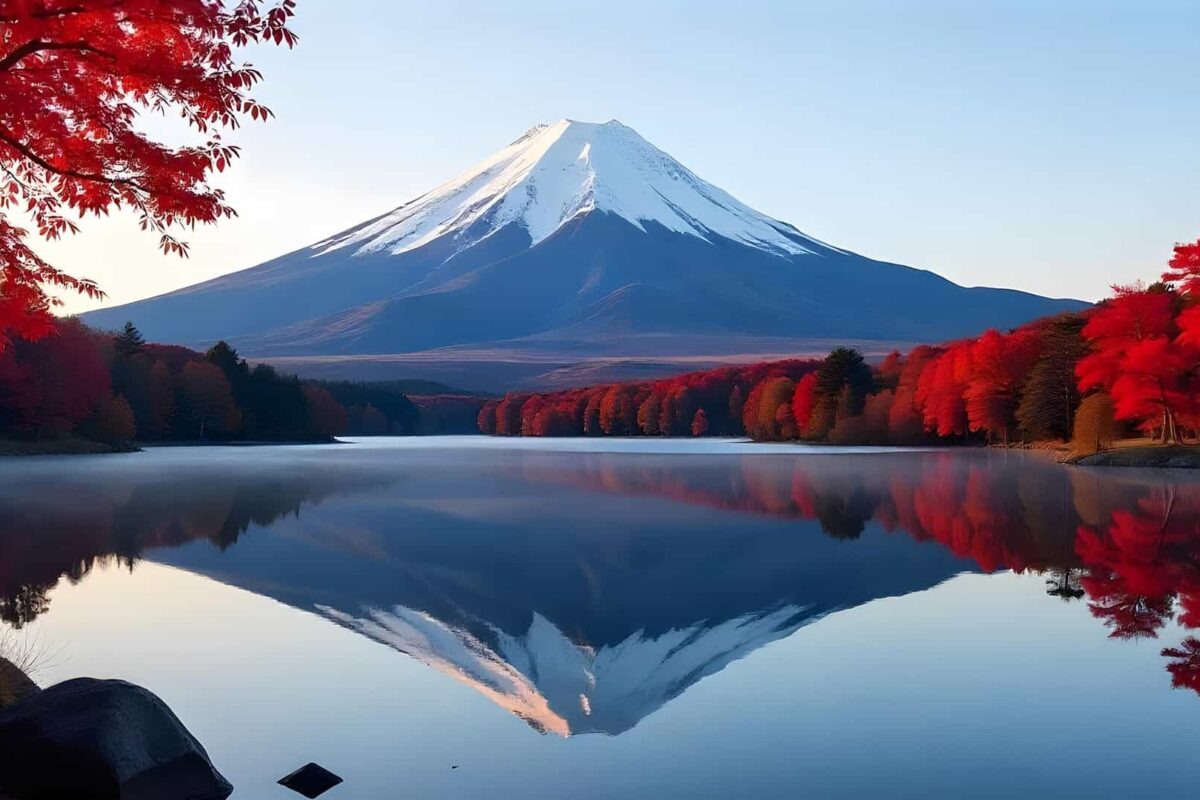 Mount Fuji with a lake and trees