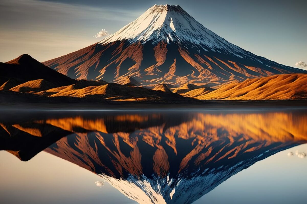 a mountain with a reflection of a lake