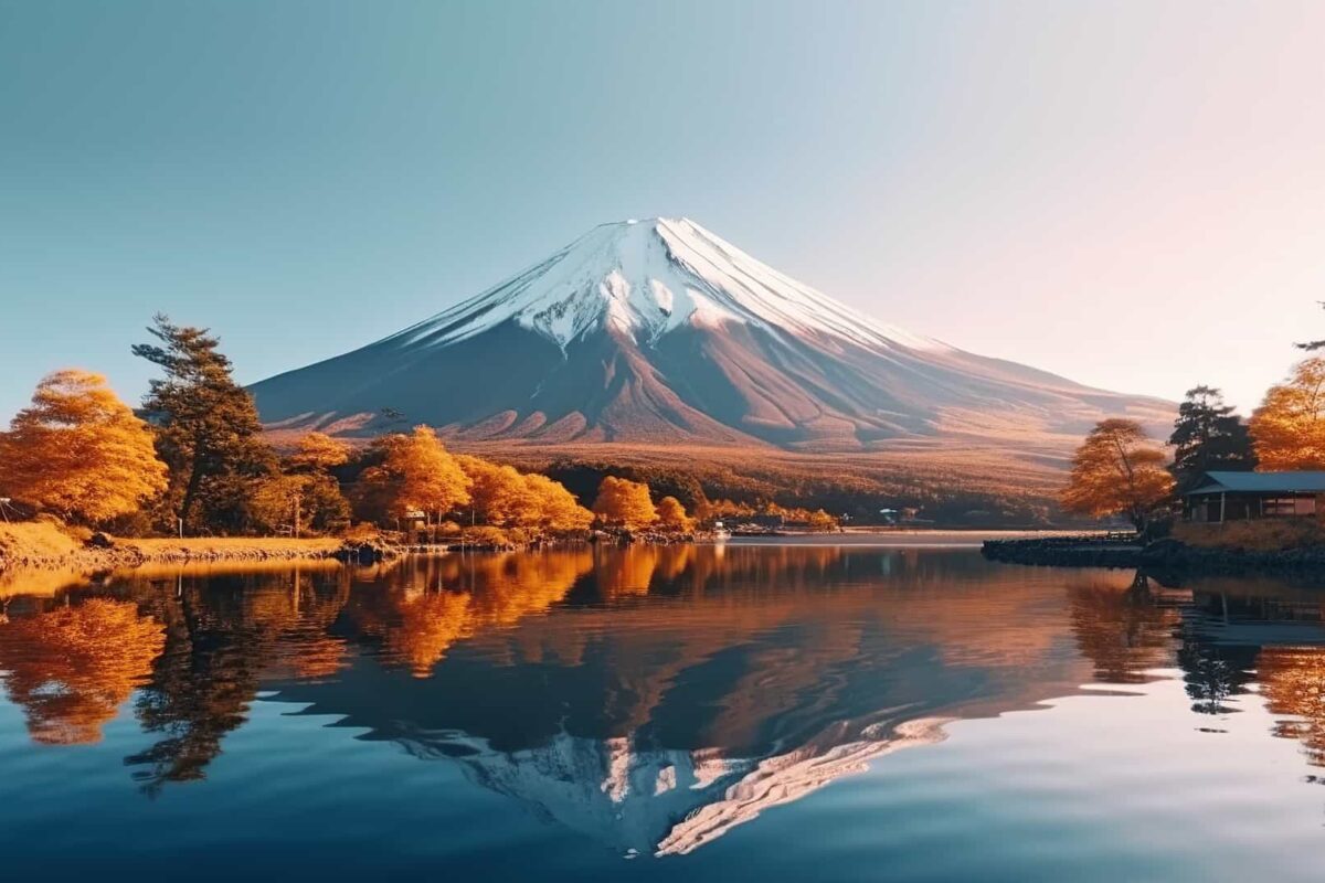 Mount Fuji with trees and water