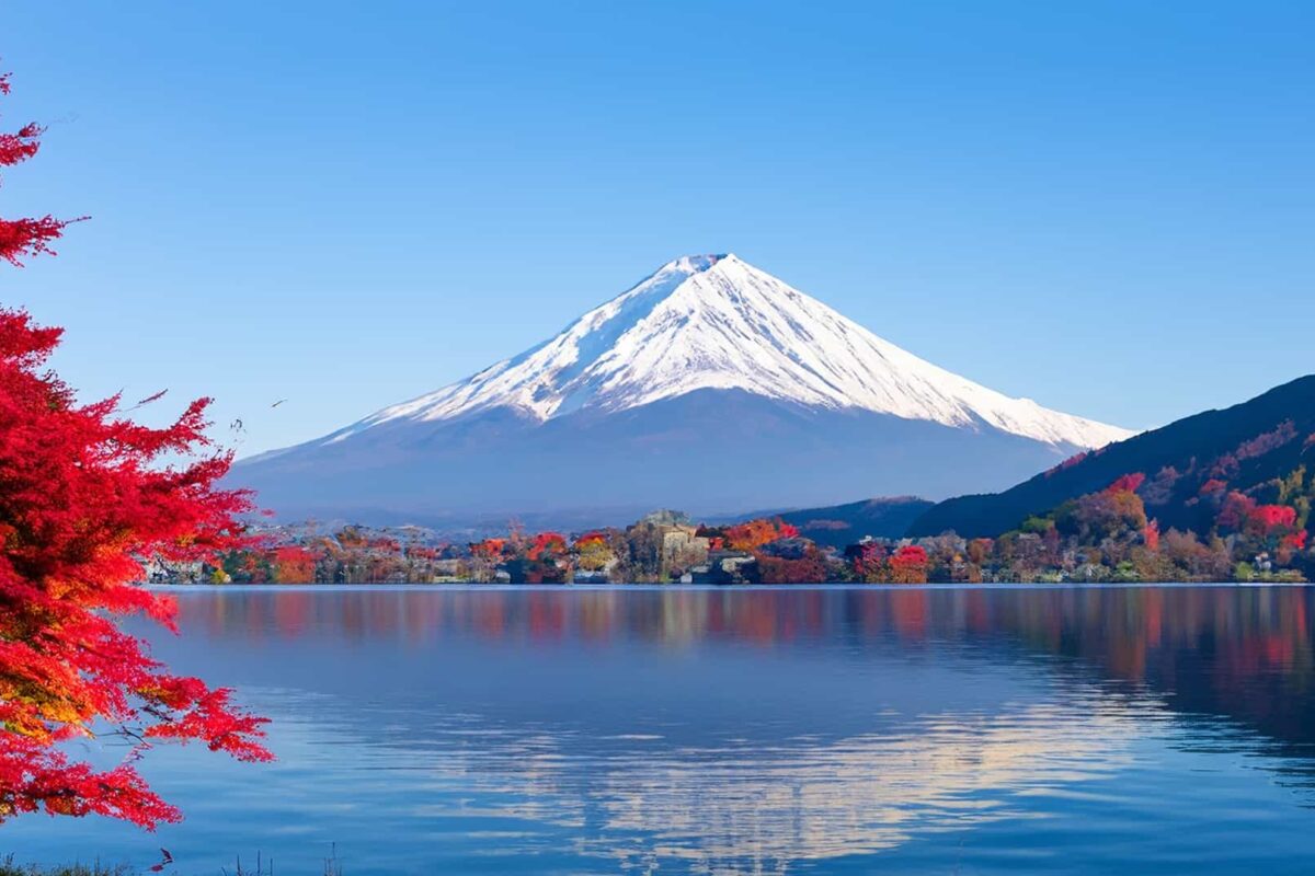 Mount Fuji with a lake and trees