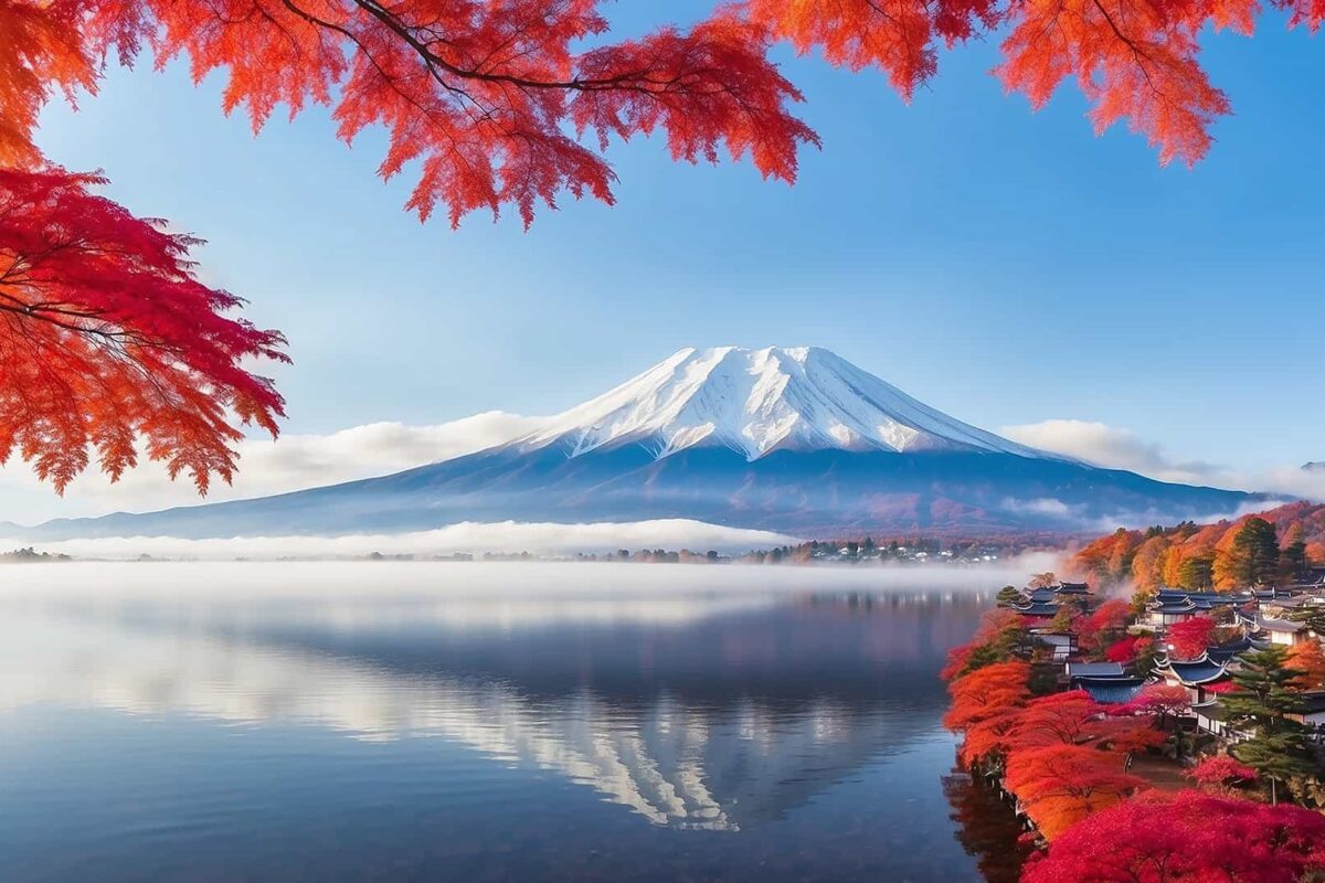 Mount Fuji with red leaves and water